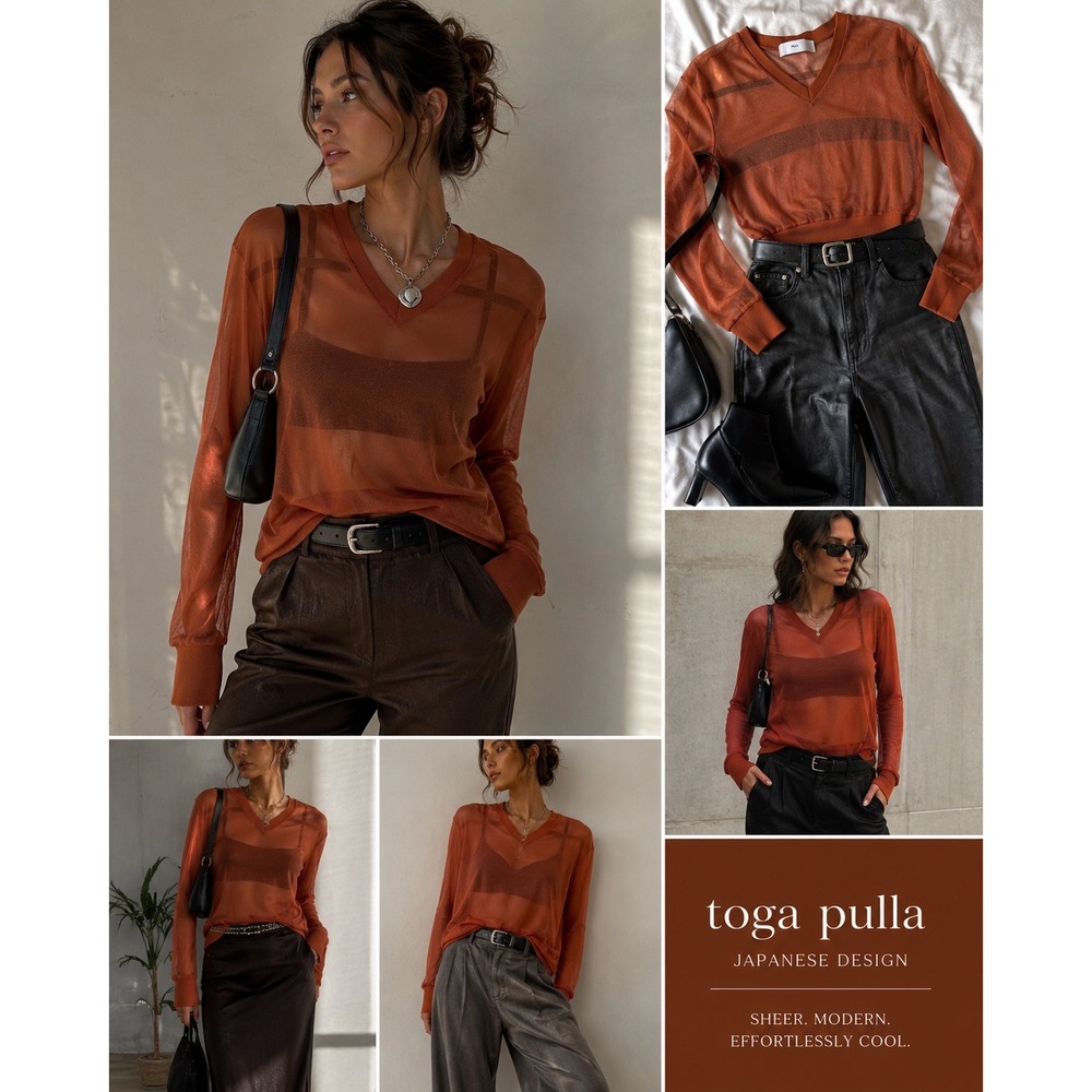 Toga Pulla Sheer Mesh Top Rust V Neck Japanese Designer Y2K 36